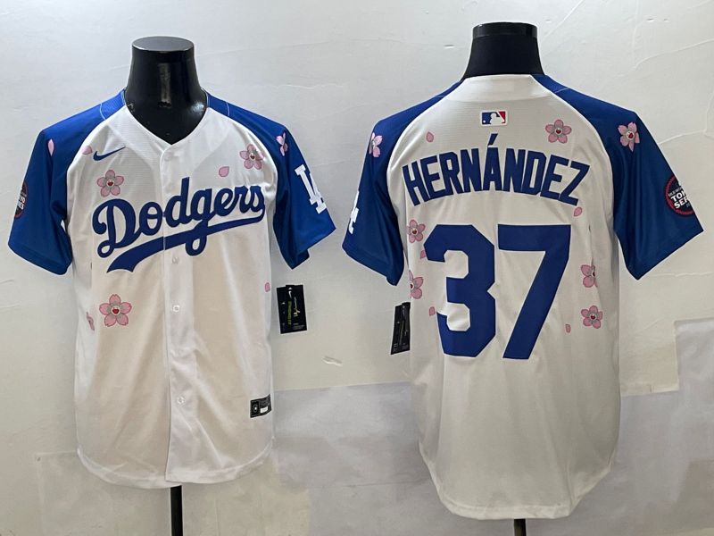 Men Los Angeles Dodgers #37 Hernandez White Blue Sakura Edition 2025 Nike MLB Jersey style 1->los angeles dodgers->MLB Jersey